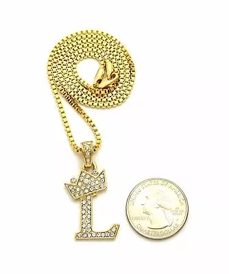 Iced 14K Gold Plated King Crown Letter  L  Pendant & 24  Box Chain Necklace • $14.99