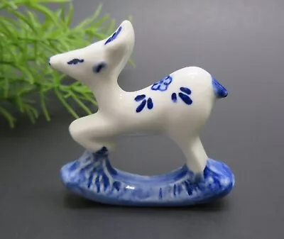 Miniature Deer Figurine Hand Painted Delft Blue White Porcelain Neatherlands • $16
