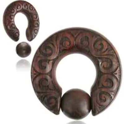 Pair Sono Wood Cbr Ear Weights Ornate Tribal Carving  Spirals Gauges Hoops Plugs • $39.99