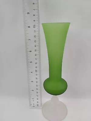Vtg. Green Frosted Compote Glass Bud Vase With Clear Base 8 Inches • $3.99