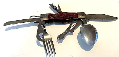 Vintage Camping Knife With 11 Blades Spoon Fork Scissors Etc Japan C 1955 • $9.99