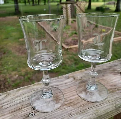 Lot Of 2 Monogrammed  L  Etched Wine Glasses Clear MCM 6.25 Drinkware Barware • $12