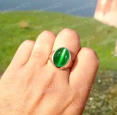 Natural Green Cats Eye Chrysoberyl Gemstone Sterling Silver Handmade Men Ring  • $52