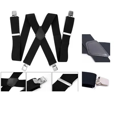 Mens Braces Suspenders Black Extended 50mm Adult Men's 4-clip X-strap • $5.17
