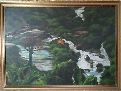Large Vintage 80's Carribean Jamaican Riverscape Oil Painting Signed JINO Framed • £65