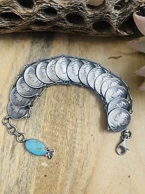 Navajo Turquoise & Sterling Silver Liberty Dime Bracelet By James McCabe • $489