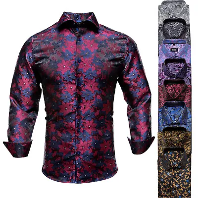 Mens Dress Silk Shirt Long Sleeve Black Blue Paisley Floral Casual Button Down • $21.66