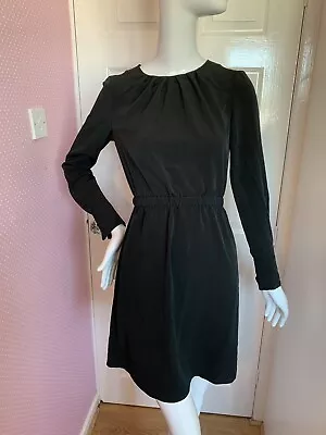 H&M Office Work Elasticated Waist Black Long Sleeve Dress Pleated Neckline 36 8 • £9