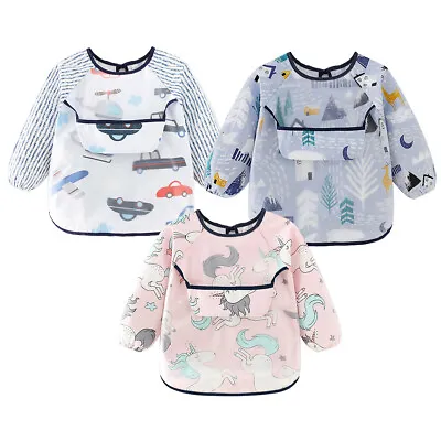 Full Long Sleeve Baby Kids Bibs Baby Toddler Weaning Feeding Apron Waterproof • £3.89