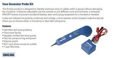 £49.99 • Buy Emitex Tone Generator And Probe Kit - EM05.006