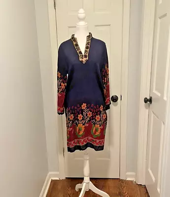 Vintage Navy/Multi-Color Kaftan Lng Tunic Top/Dress Based On Measurement US Sz M • $18