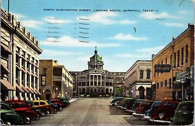 Marshall Texas Washington Street View !940's Cars Store Signs Linen Postcard 9N • $10.45