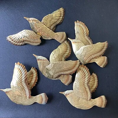 Vintage Bird Wall Decor In Thin Brass Tone Metal With Pose-able Wings Set Of 5 • $35