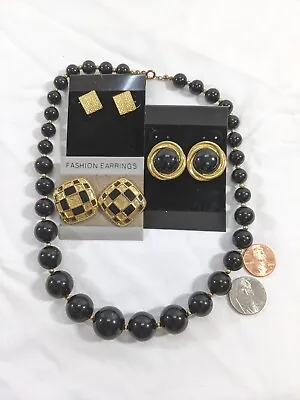 Jewelry Lot Trifari Napier Earrings Black Bead Gold Tone Necklace Vintage 4 Pc • $38.52