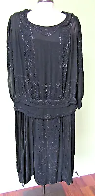 Vintage 1920's Black Chiffon Beaded Flapper Dress / 46  Bust Measure • $149