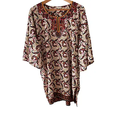 Marni X H&M Dress Womens 12 Cream Red Paisley Print Silk Tunic 3/4 Sleeve • $66.50