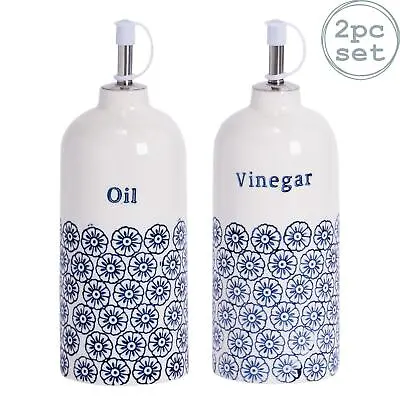Vinegar & Olive Oil Dispenser Pourer Porcelain Drizzler Bottle Set - Blue Flower • £13