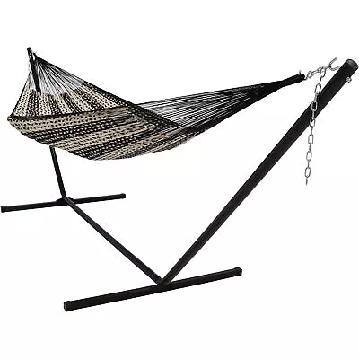 2-Person Cotton/Nylon Hammock With Steel Stand - Black/Natural By Sunnydaze • $279