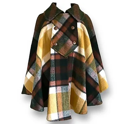 Vintage 1970s Womens Wool Cape Sz L Brown Green Plaid Preppy Capelet Boho Poncho • $111