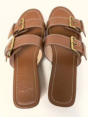 J. Crew Brown Leather Brass Double Buckle Wood Soles Sandals Slip On EUC WM 9 • $26