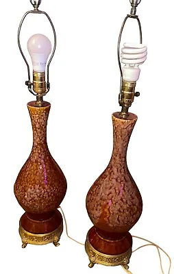 Pair Vintage MCM Ceramic Drip Glaze Pottery Table Lamp Signed L & L • $359.98