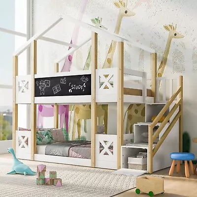 Twin Over Twin House Bunk Bed With White Storage Staircase And BlackboardsWhite • $449.99