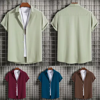 Men Short Sleeve Shirts Beach Casual Linen Style Button Down Formal Dress Shirt • $15.35