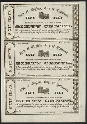 1862 City Of Richmond 3-Note Currency Sheet – Printing Error On Center Note • $250