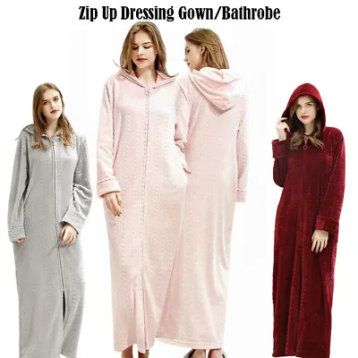 Zip Up Dressing Gown/Bathrobe Ladies Womens Comfy Soft Extra Long Fleece Hooded • £22.68