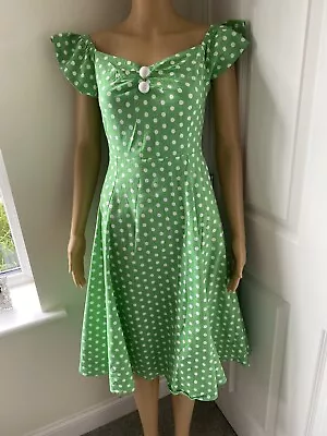 Collectif London Rockabilly Swing Dress Green Polka Dot Size S (10) • £20