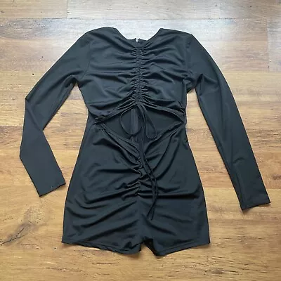 Rebellious Fashion Size 14 Ruched Black Playsuit Long Sleeve Zip Closure • £6