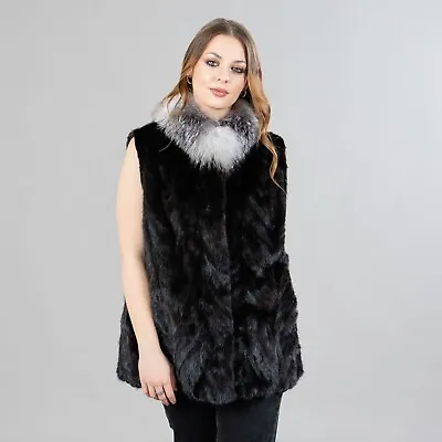 Real Black Mink Fur Vest With A Fox Fur Collar And Exterior Side Pockets • $480