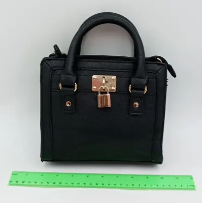 Matalan Black Faux Leather Box Small Tote Hand Bag Key Design Size 20x18x7.5 Cm • £10