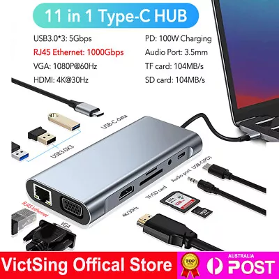 11 In 1 USB C Hub Adapter Dongle 4K HDMI VGA 1000m RJ45 Ethernet USB 3.0 Type C • $50.89