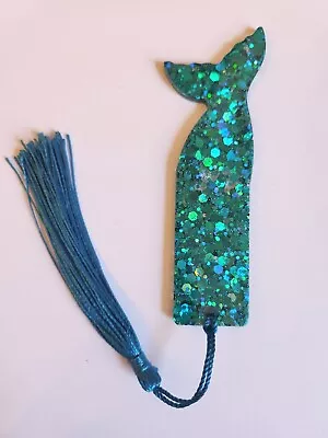 Mermaid Fish Tail Sparkle Resin Bookmark With Tassel Teal With Glitter • £3.50