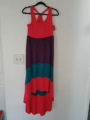 NEW Mossimo Sleeveless Maxi Dress Blazing Coral Striped Belted Hi Lo Medium M • $15.99