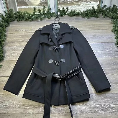 Nicole Miller Coat Size Medium Pea Coat Black Women’s Lined Warm Belt Jacket • $29.99