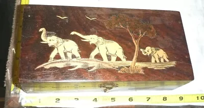 Vtg HandMade WOOD Hinged Trinket Box W Bone INLAY - Elephants ~8 L X 4W X 2⅜H • $16