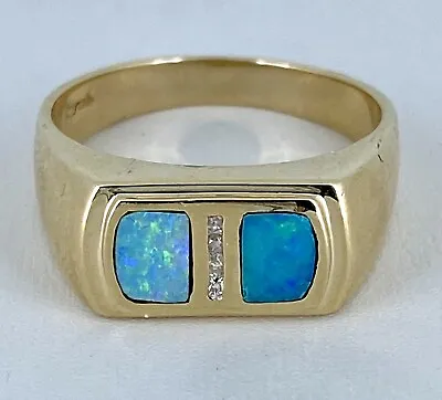 14K Yellow Gold Inlay Opal And Diamond Mens Ring - Size 12.5 • $799