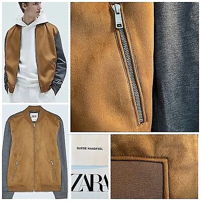 NWT Zara Faux Suede Combined Bomber Jacket SML LRG Full Zip Camel/Med Hthr Gray • $39.99