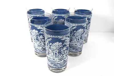 Lot Of 6 1960's Currier Ives Blue Tumblers Frosted 12 Oz. Old Grist Mill Tea EUC • $39.99