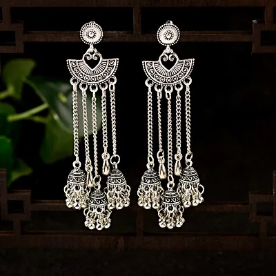 Vintage Jhumka Ethnic Silver Long Tassel Bells Dangle Gypsy Indian Earrings • $4.39