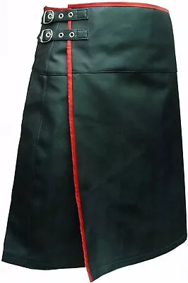 Mens Real Black Leather Pleated LARP Utility Kilt Flat Front With Red Lining LAR • $89.99