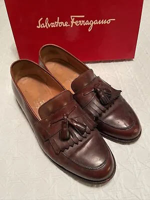 Salvatore Ferragamo Italy Brown Leather Tassel Loafers Shoes Mens 11 D • $36.17