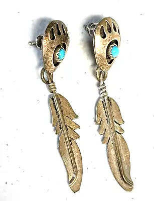 Vintage Native American Sterling Turquoise Dangle Feather Earrings • $25