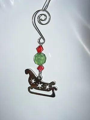 Silver Metal Red Green Beads Sleigh Christmas Tree Ornament Holiday Decor • $2.99
