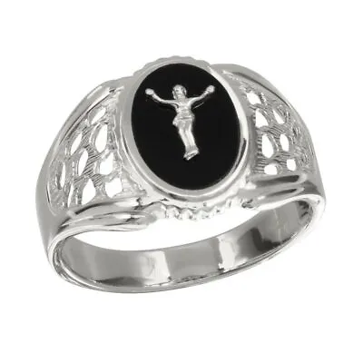 Men's Sterling Silver Round Shape Onyx Crucifix Ring • $29.99