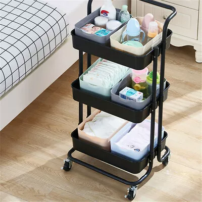 3-Tier Rolling Cart Basket Storage Serving Trolley Organiser W/ Ergonomic Handle • $41.95