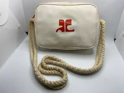 Vintage Courreges Iconic Shoulder Bag White Canvas W/Orange Vinyl Accents • $150