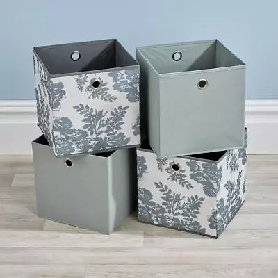 Folding 2 Grey 2 Floral Square Storage Utility Box Fabric Cube 4pc Basket Set • £13.99